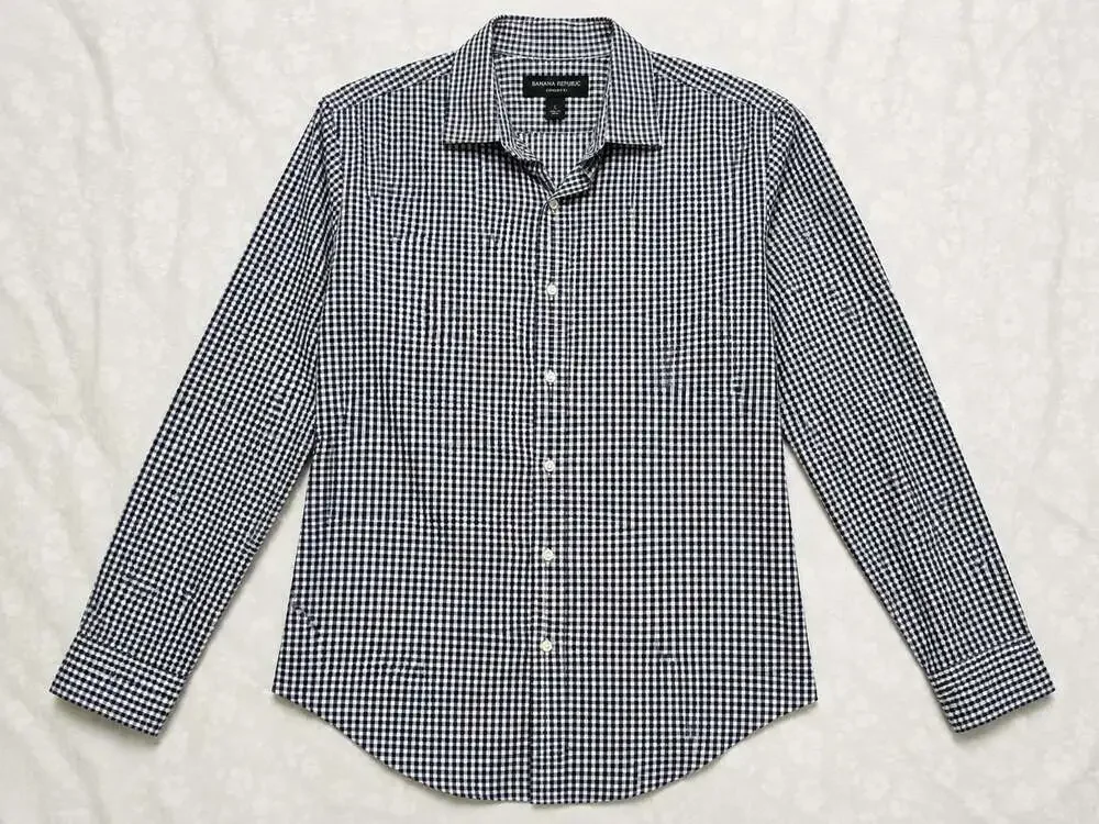 Banana Republic Camden Fit Gingham Shirt Men's L Tall Blue White Non Iron Cotton